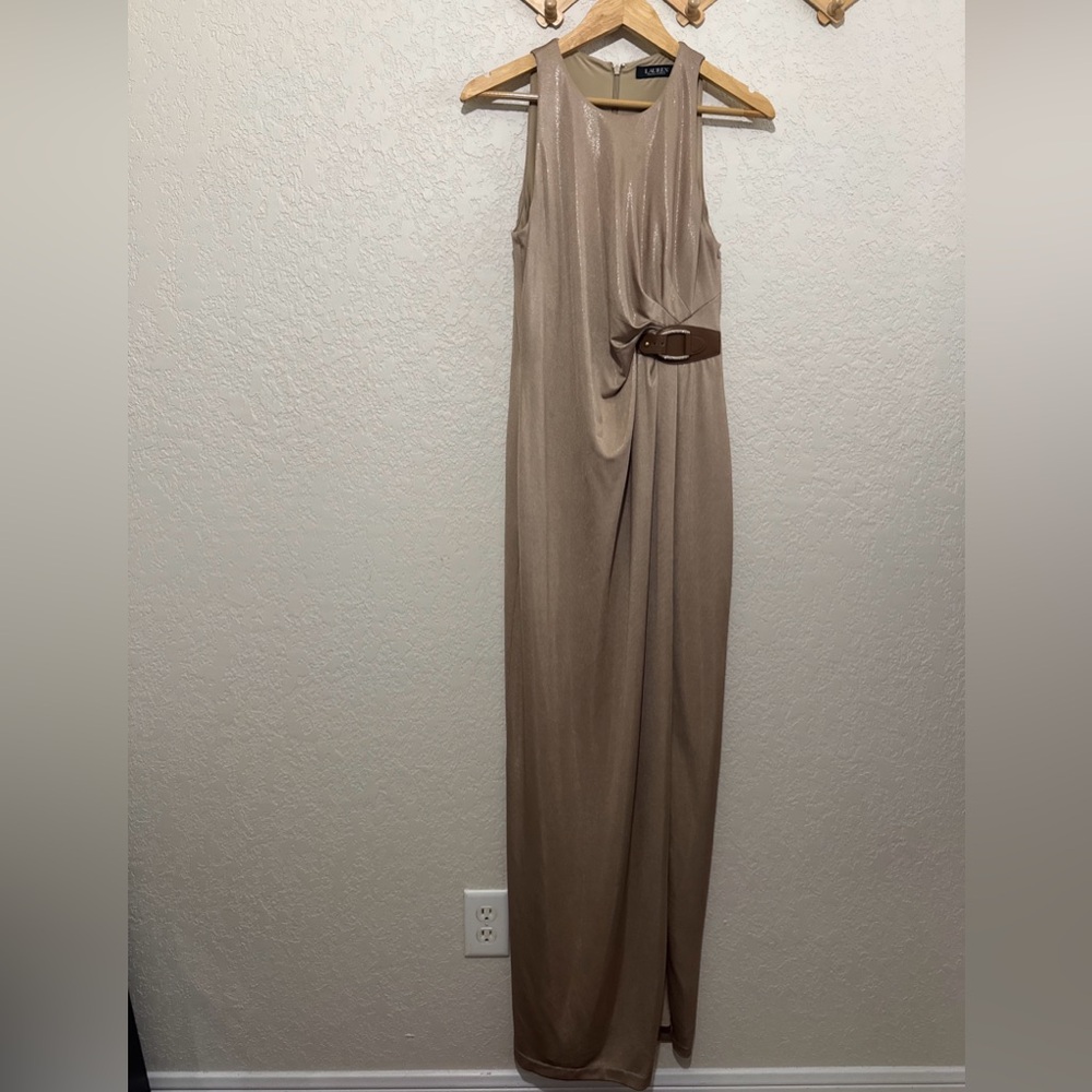 Ralph Lauren Foil Print Gold Tan Elegant Women Party Dress Gown Wedding Size 10
